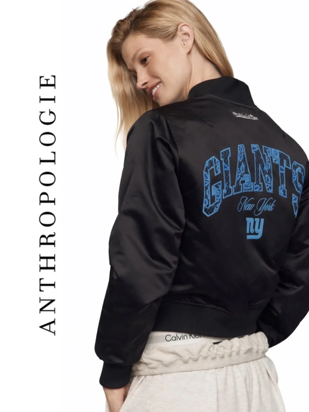 Anthropologie Mitchell & Ness NFL Giants Crop Bomber Jacket